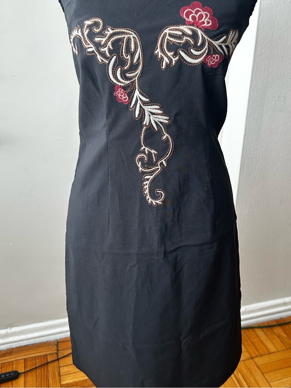 New York & Company Black Strapless Dress with Cream and Burgundy Embroidery